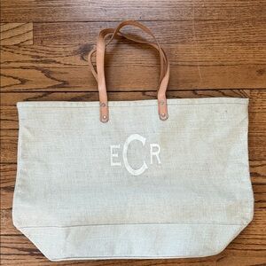 Personalized Cream Canvas Tote with Tan Leather Handles